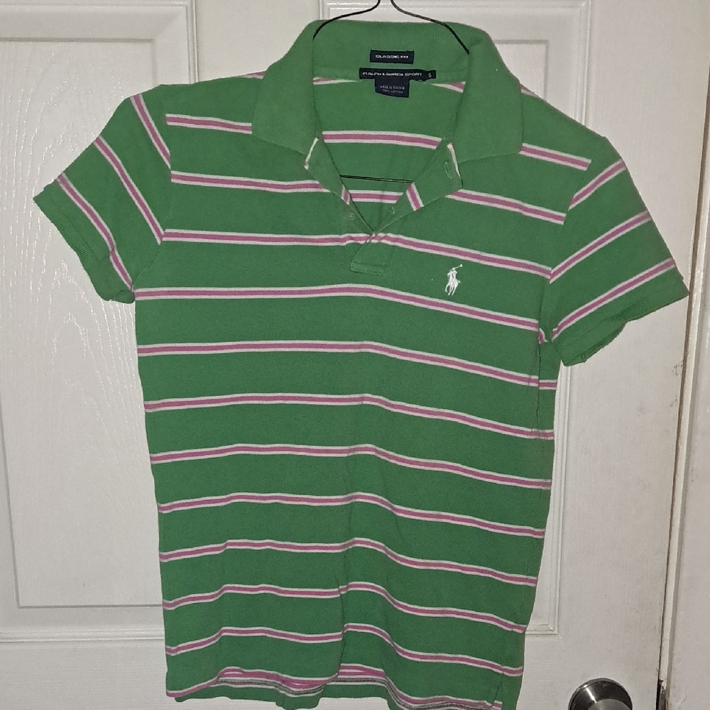 Ralph Lauren Green Polo with Pink and White Stripes